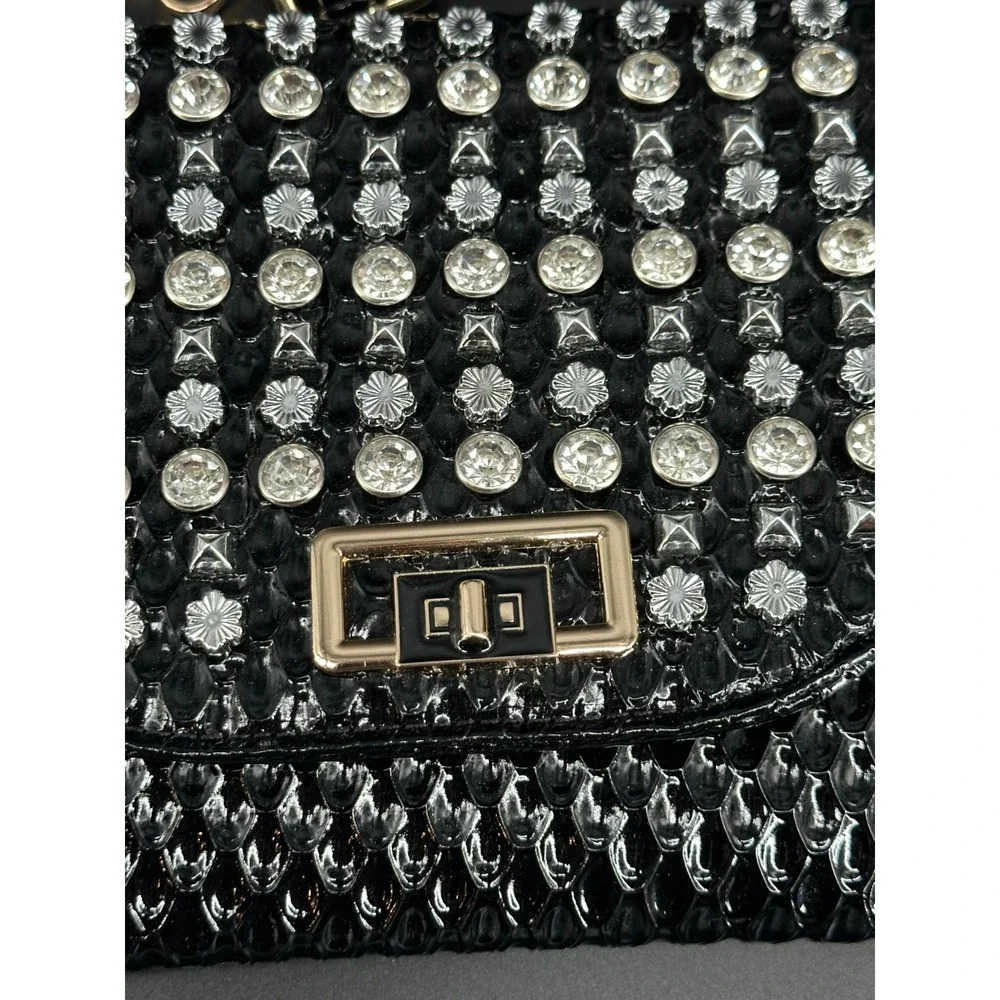 Black Studded Clutch Wristlet Crossbody Bag Rhinestone Snake Embossed Gold Purse